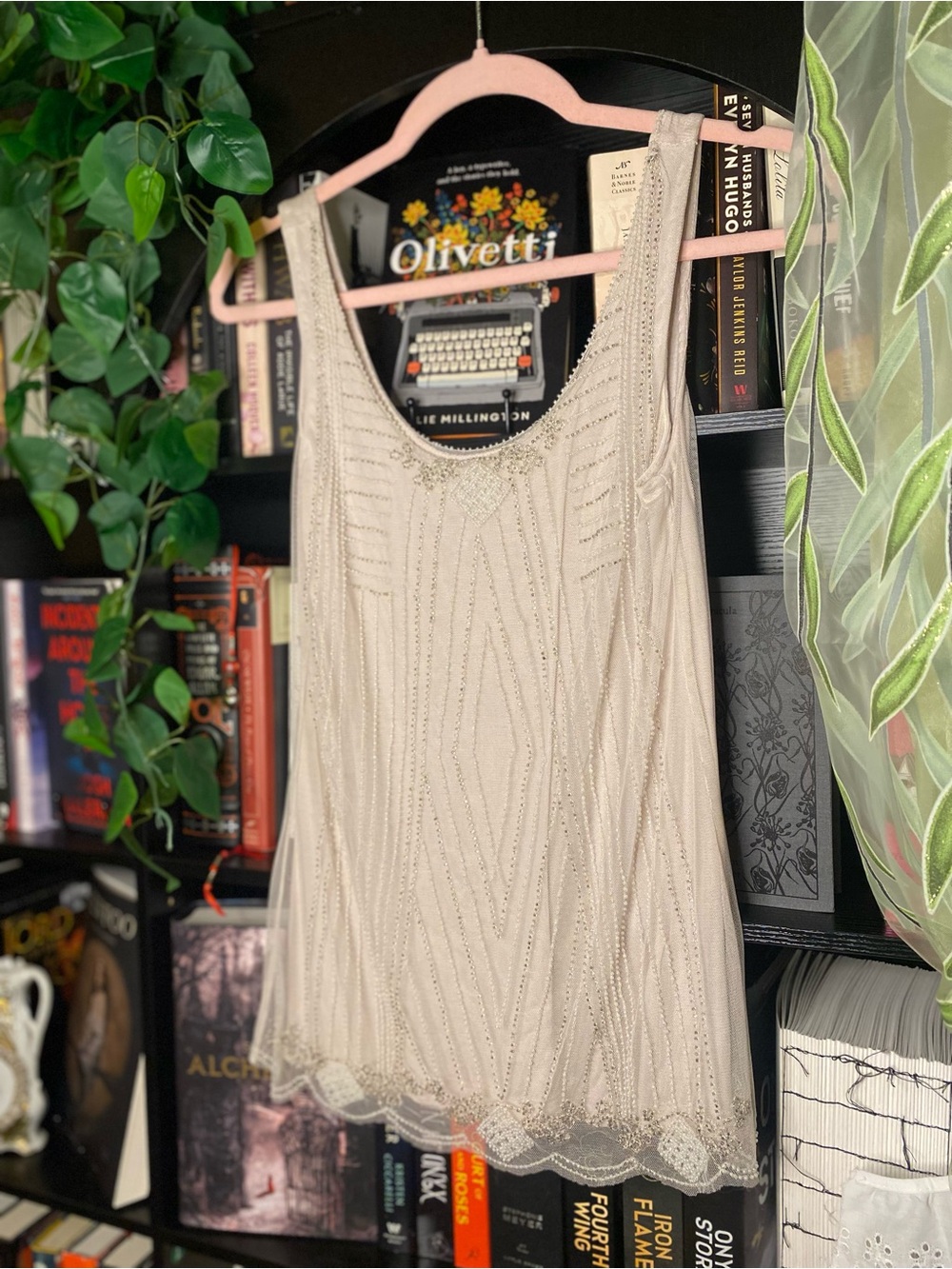 Elegant Vintage Y2K Coquette Balletcore Pale Baby Pink Beaded Art Deco Tank Top